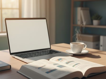 책상 위에 펼쳐진 금융 서적과 노트북, 커피잔이 놓인 모습