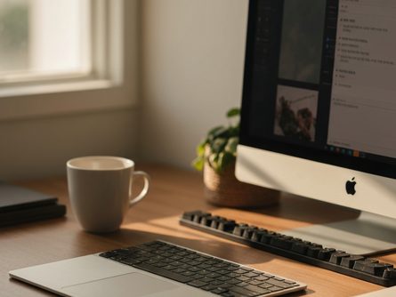 나무 책상 위에 펼쳐진 은행 통장과 계산기, 현금 다발이 놓여 있고 그 옆에 달력과 볼펜이 있는 모습