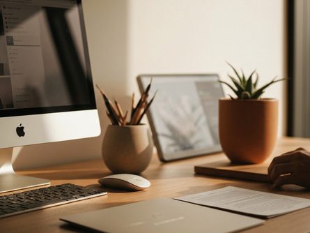 나무 책상 위에 놓인 금융 서류 폴더, 스마트폰, 계산기, 인장