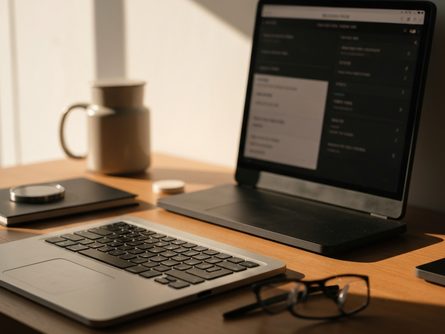 서류와 계산기, 동전이 놓인 나무 책상