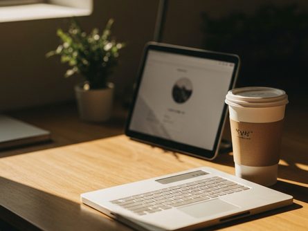 계산기와 수첩, 펜이 놓인 책상 위에 동전과 지폐가 정리되어 있는 모습