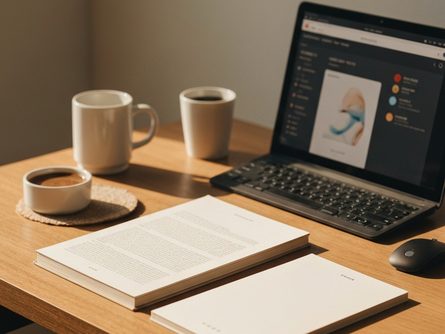 나무 책상 위에 계산기와 세금 서류, 신용카드가 놓여 있고 커피잔이 옆에 있는 모습