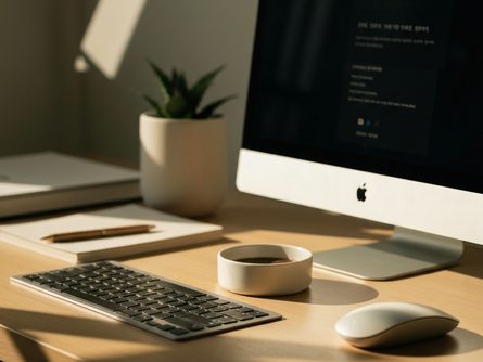 책상 위에 놓인 계산기와 대출 서류, 펜, 신용카드 클로즈업, 밝은 자연광 배경