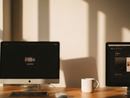 손으로 잡은 신용카드와 스마트폰, 배경은 흐릿한 책상과 노트북