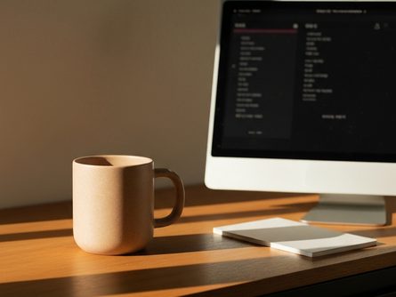 손으로 잡은 계산기와 연금저축 안내 서류 클로즈업, 흐릿한 사무실 배경