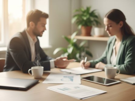 밝은 사무실 책상 앞에 앉아 연금저축 상담 중인 상담사와 고객, 측면 촬영