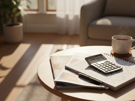 햇살 드는 거실 한켠에 놓인 연금 안내 팸플릿과 계산기, 은퇴 계획 노트