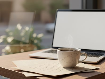 카페 창가에 앉아 노트북으로 연금 상품을 조회 중인 중년 여성, 테이블 위 커피잔과 서류 클로즈업