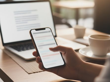 카페 테이블에서 스마트폰을 들고 화면을 터치하는 손 클로즈업, 노트북과 커피잔이 흐릿한 배경