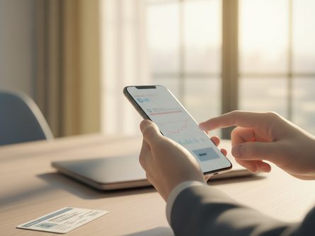 밝은 사무실 환경에서 손으로 스마트폰을 들고 금융 앱을 조작하는 모습, 신분증과 노트북이 흐릿한 배경