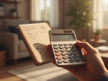 손으로 잡은 연금 통장과 계산기, 흐릿한 거실 배경