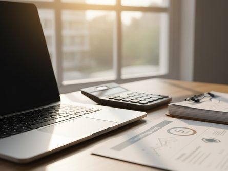 밝은 창가에 놓인 노트북과 연금 계산기, 금융 서류 클로즈업
