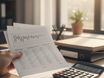 손으로 잡은 연금 계좌 관련 서류와 계산기 클로즈업, 사무실 책상 배경