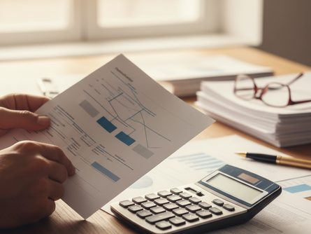 손으로 잡은 퇴직연금 안내서와 계산기 클로즈업, 사무실 책상 위 서류 배경