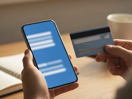 손으로 잡은 스마트폰과 신용카드 클로즈업, 흐릿한 책상 배경