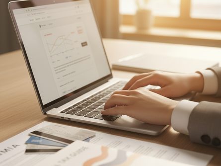 노트북 화면에 홈택스 웹사이트가 열려 있고, 손으로 키보드를 타이핑하는 모습, 책상 옆에 신용카드 여러 장과 연말정산 안내 책자, 흐릿한 사무실 배경