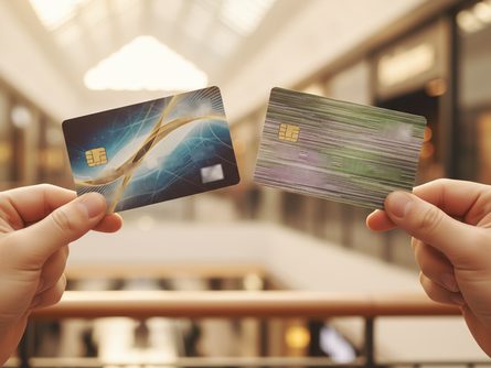 손으로 잡은 신용카드와 체크카드 클로즈업, 흐릿한 쇼핑몰 배경