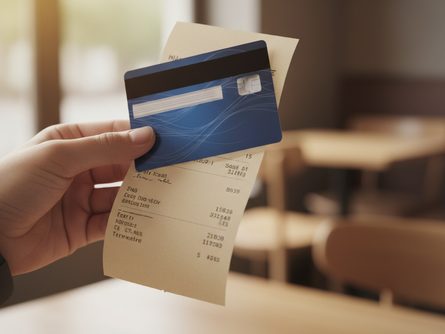 손으로 잡은 신용카드와 영수증 클로즈업, 흐릿한 카페 배경