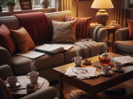 거실 소파에 앉아 서류를 검토 중인 중년 부부와 노부모, 따뜻한 조명 아래 가족 대화 장면