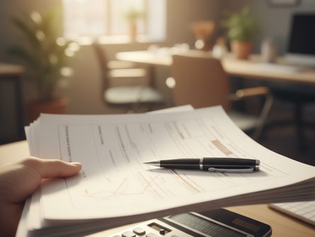 손으로 잡은 연말정산 서류와 볼펜, 계산기 클로즈업, 흐릿한 사무실 배경