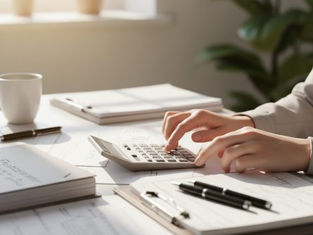 밝은 사무실 책상 앞에서 손으로 계산기를 누르고 있는 장면 클로즈업, 주변에 서류와 펜이 흐릿한 배경으로 보임