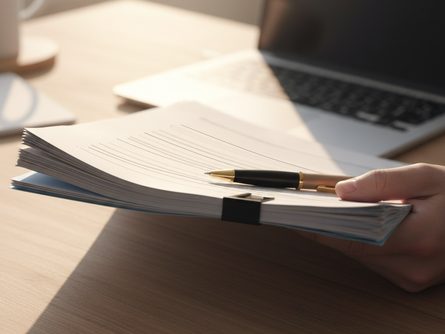 손으로 잡은 서류 뭉치와 볼펜 클로즈업, 노트북 키보드가 흐릿하게 보이는 책상 배경