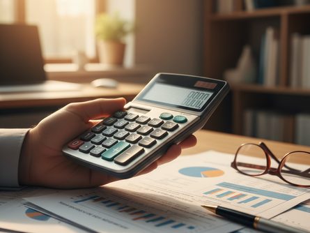 손으로 잡은 전자계산기와 연말정산 서류 클로즈업, 흐릿한 사무실 배경