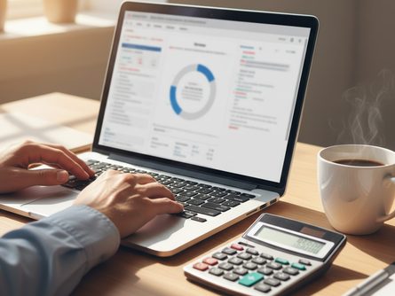 밝은 사무실 책상 앞에 앉아 노트북으로 세금 환급 조회 화면을 확인하는 손, 옆에는 커피잔과 계산기