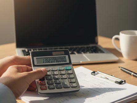 손으로 잡은 전자계산기와 서류 클로즈업, 뒤로 흐릿한 책상 위의 노트북과 커피잔